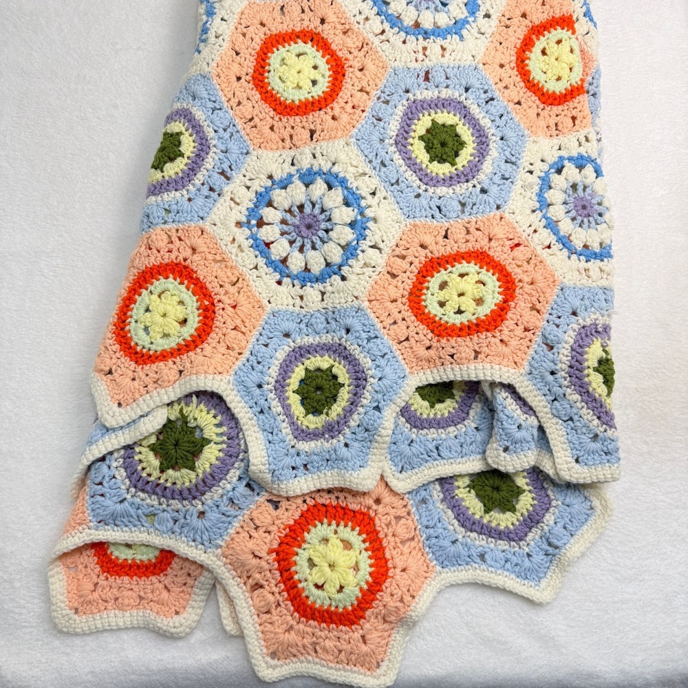 Handmade Crochet Blanket Throw Afghan Pastel Granny Square Hexagon Cottagecore